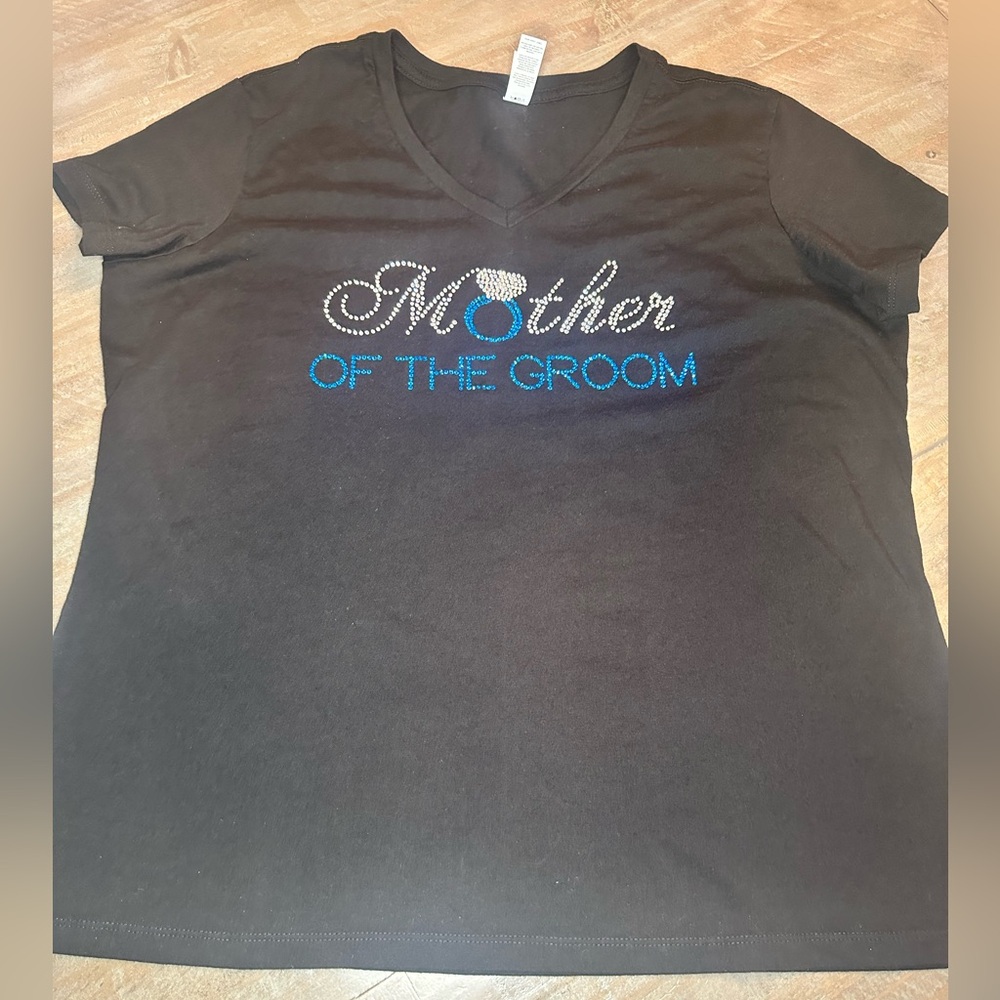 Mother of the Groom black short sleeve tee with silver and blue rhinestones